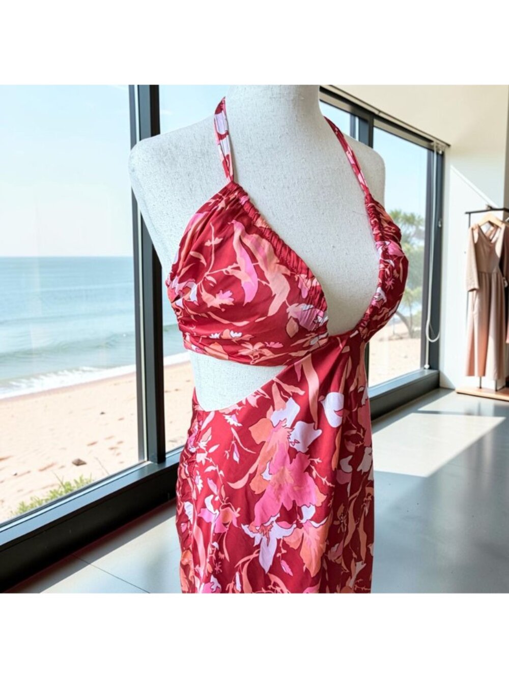 J. Crew Collection Halter Cut Out Maxi Satin Dress Lily Swirl Coral Pink Resort - Picture 6 of 7
